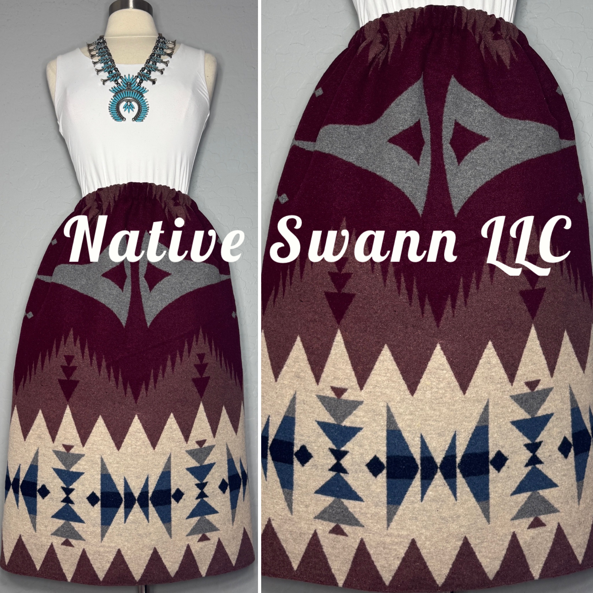 Burgundy Native Design Wool Skirt