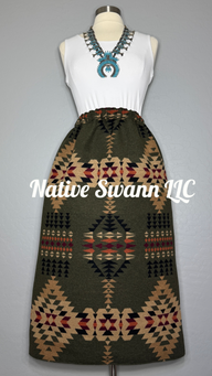 Forest Green Native Design Wool Skirt