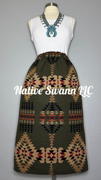 Forest Green Native Design Wool Skirt