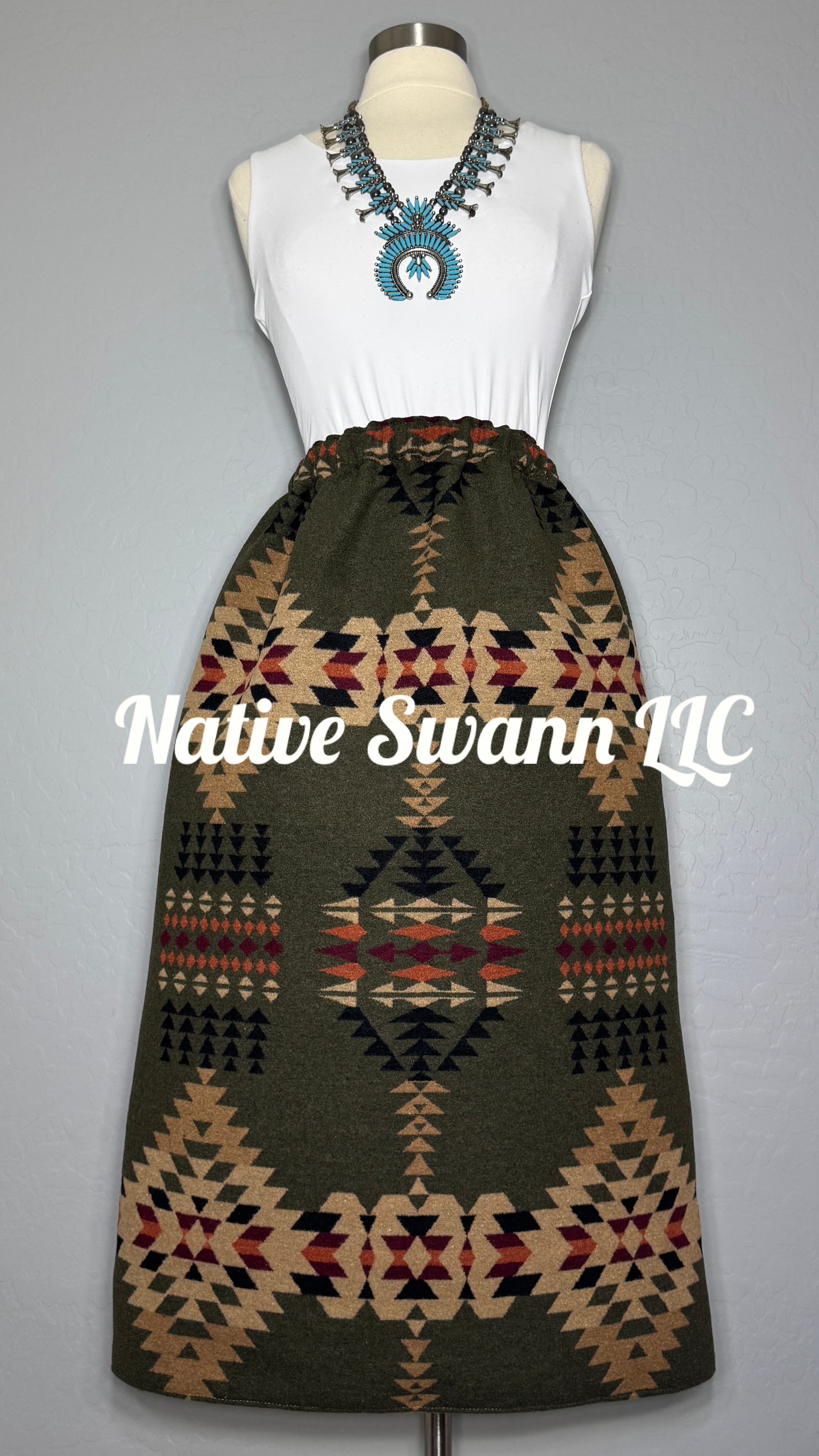 Forest Green Native Design Wool Skirt