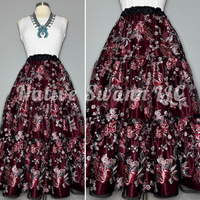 Burgundy, Grey + Black Rose Flowers Embroidered 3 Tier Overlay Satin Skirt