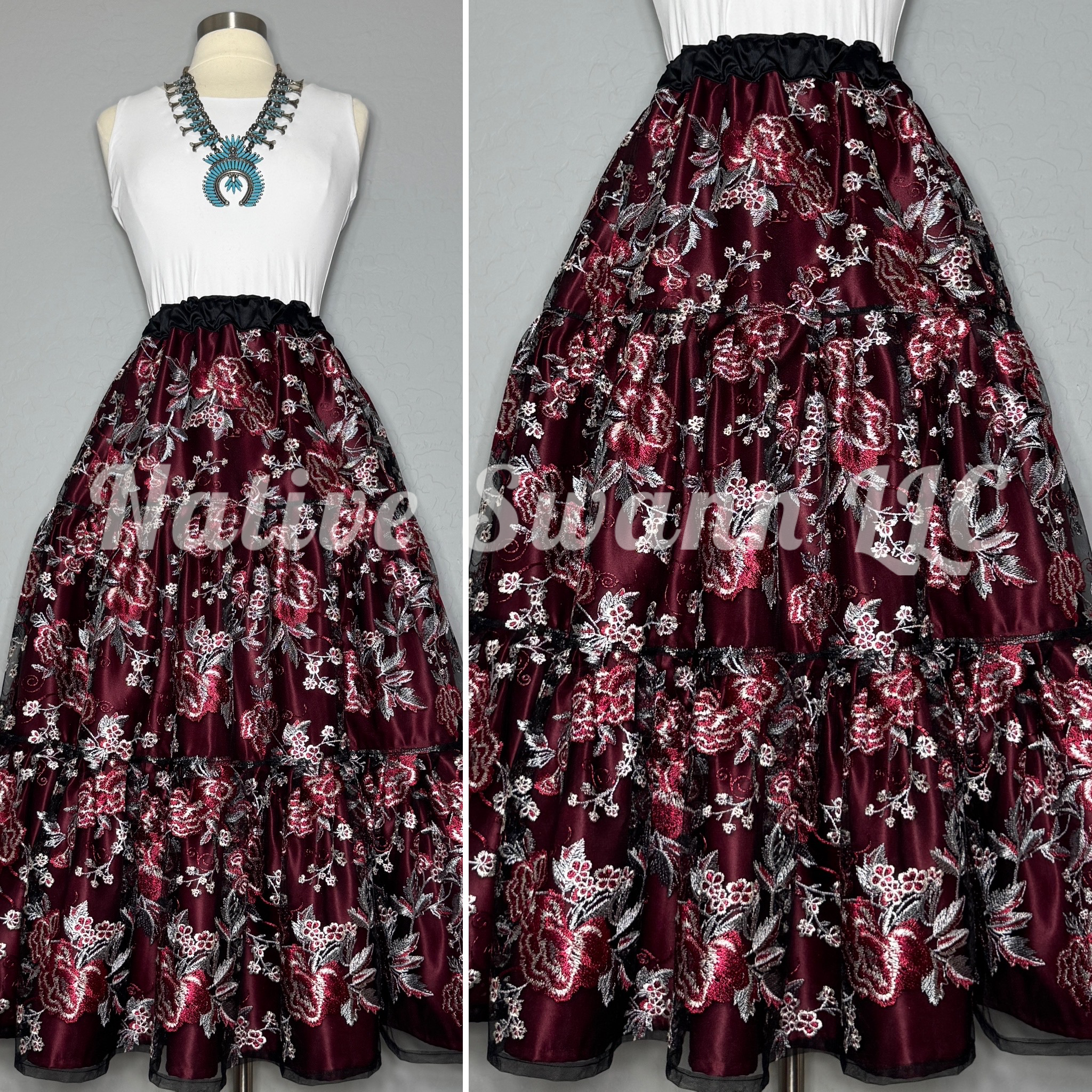 Burgundy, Grey + Black Rose Flowers Embroidered 3 Tier Overlay Satin Skirt