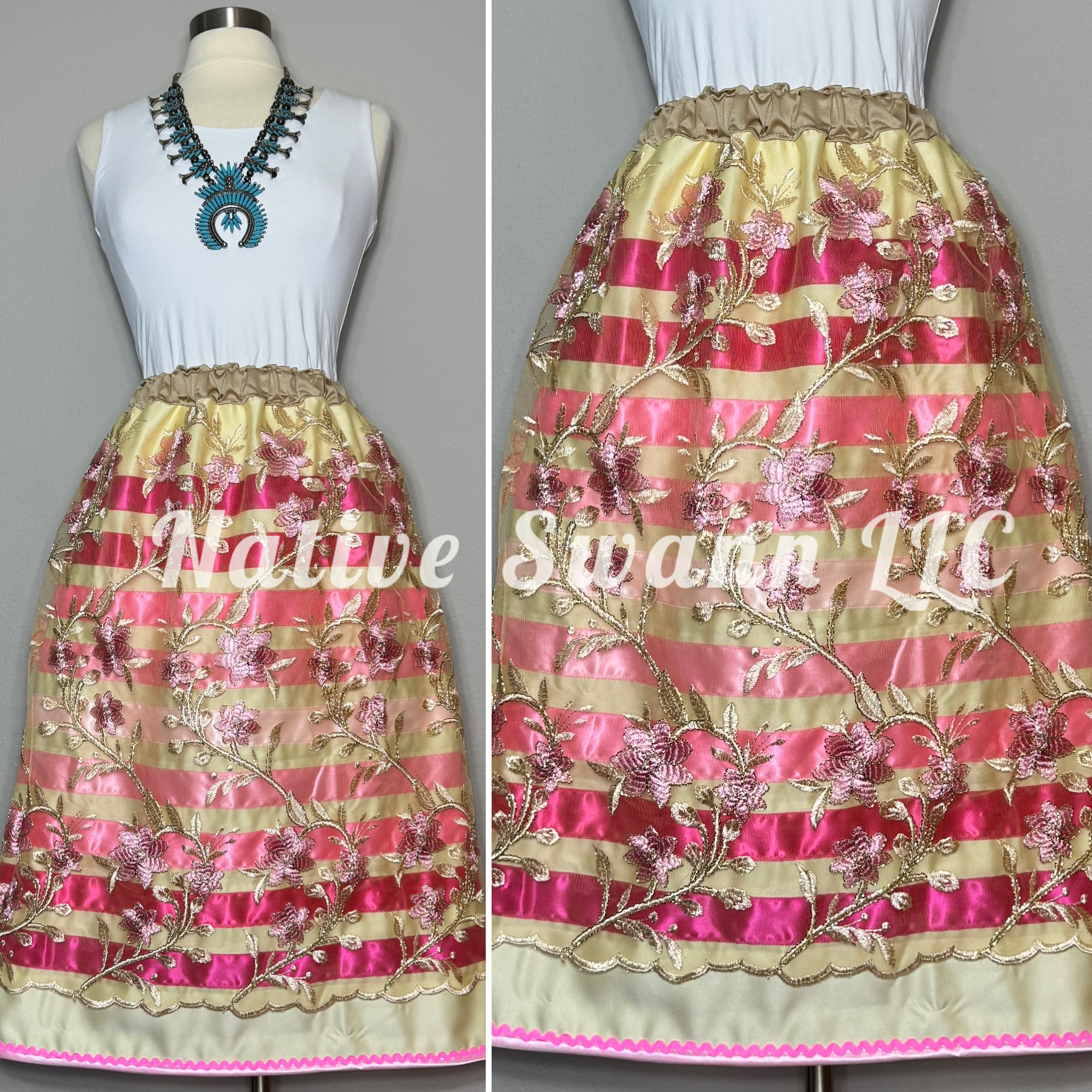 Pink-Beige Embroidered Floral Overlay Satin Ribbon Skirt