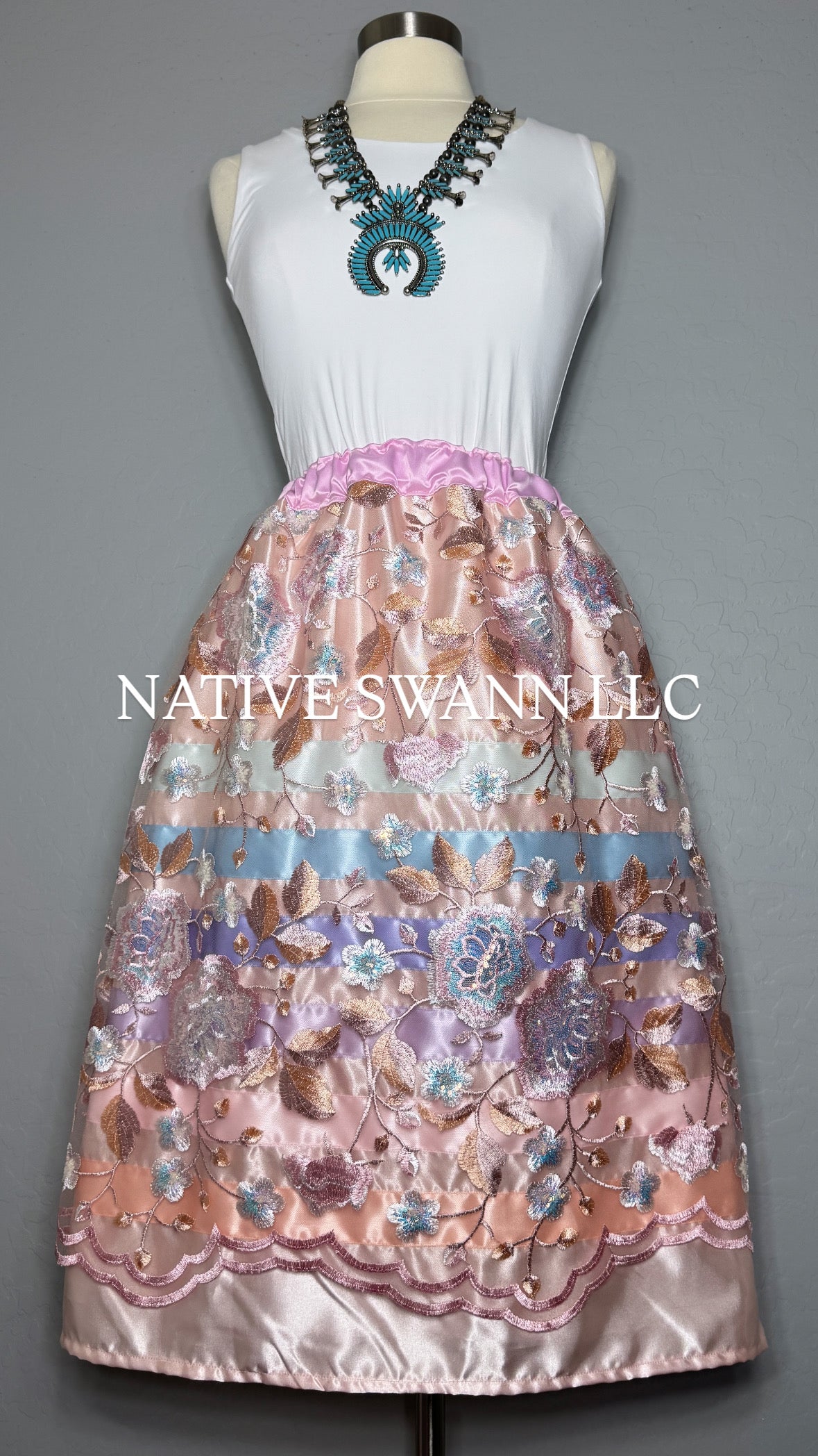 Pink Emb. Floral Sequins Overlay Satin Ribbon Skirt