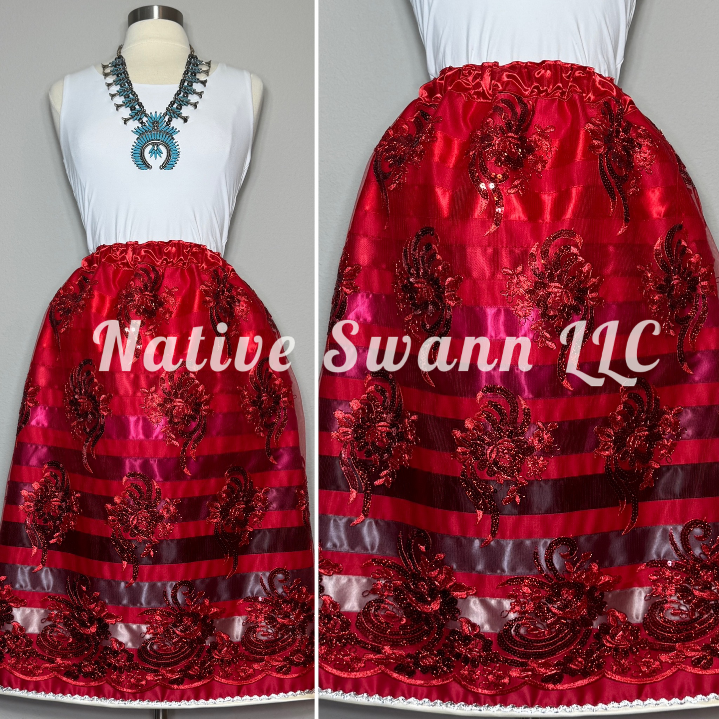 Red Florals Overlay Satin Ribbon Skirt