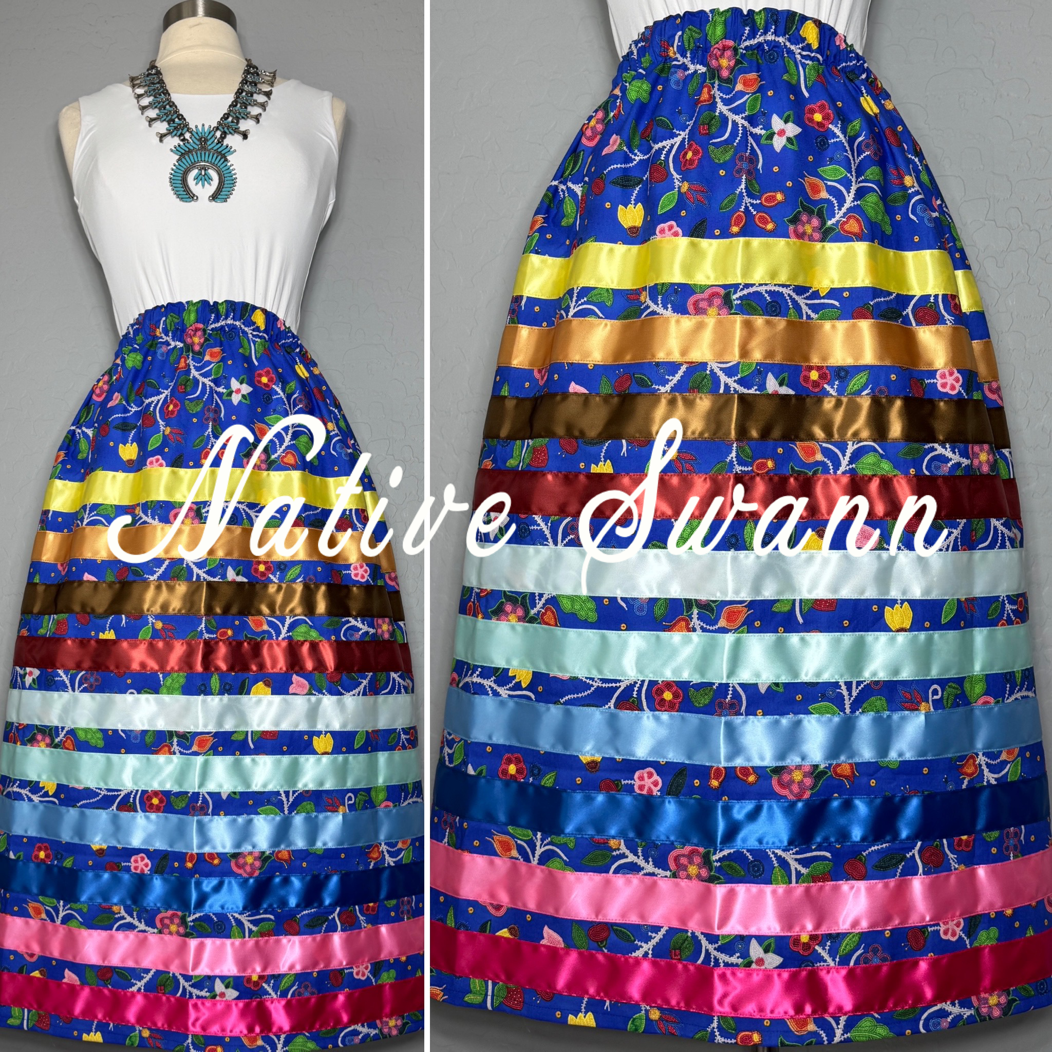 Royal Blue Beaded Floral Cotton Ribbon Skirt