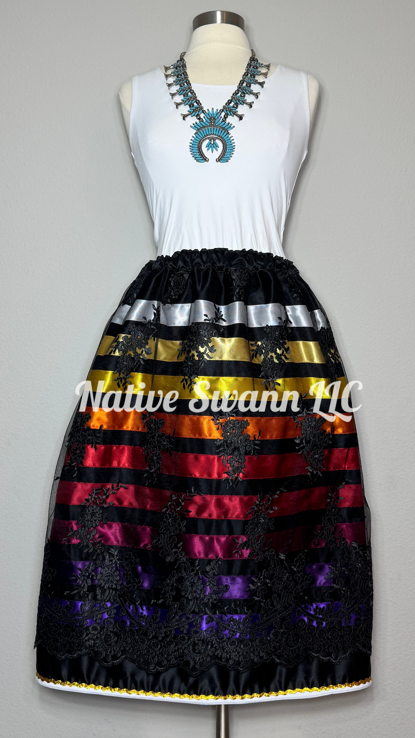Black Floral Overlay Satin Ribbon Skirt