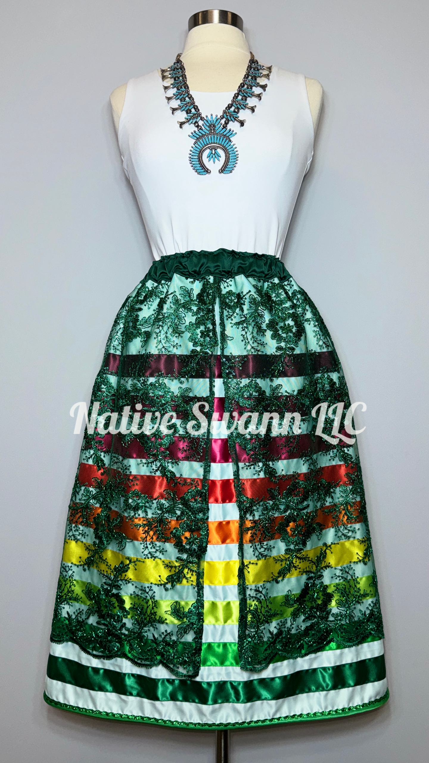 Green-Mint Floral Overlay Satin Ribbon Skirt w/ (opened front)