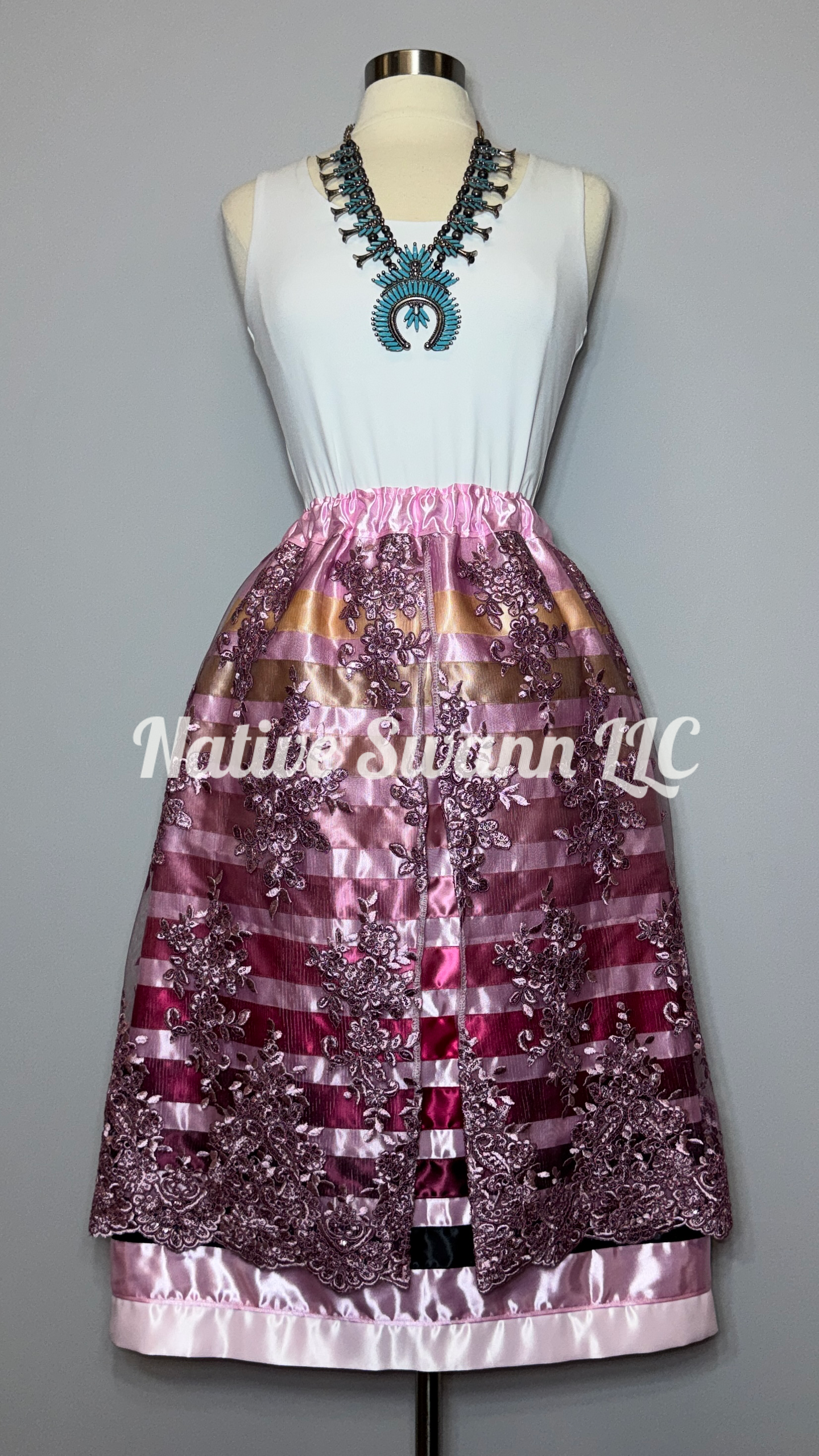Mauve Floral Overlay Satin Ribbon Skirt (Opened Front)