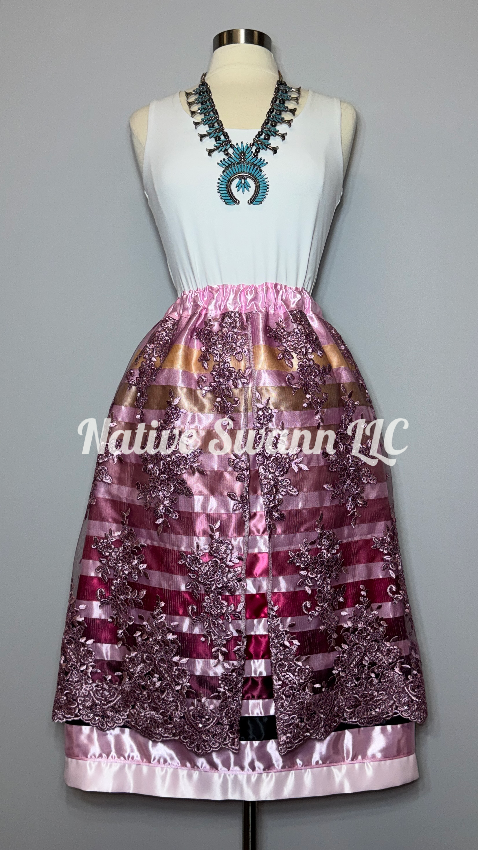 Mauve Floral Overlay Satin Ribbon Skirt (Opened Front)