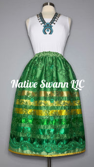 Green Floral Overlay Satin Ribbon Skirt