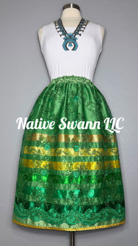 Green Floral Overlay Satin Ribbon Skirt