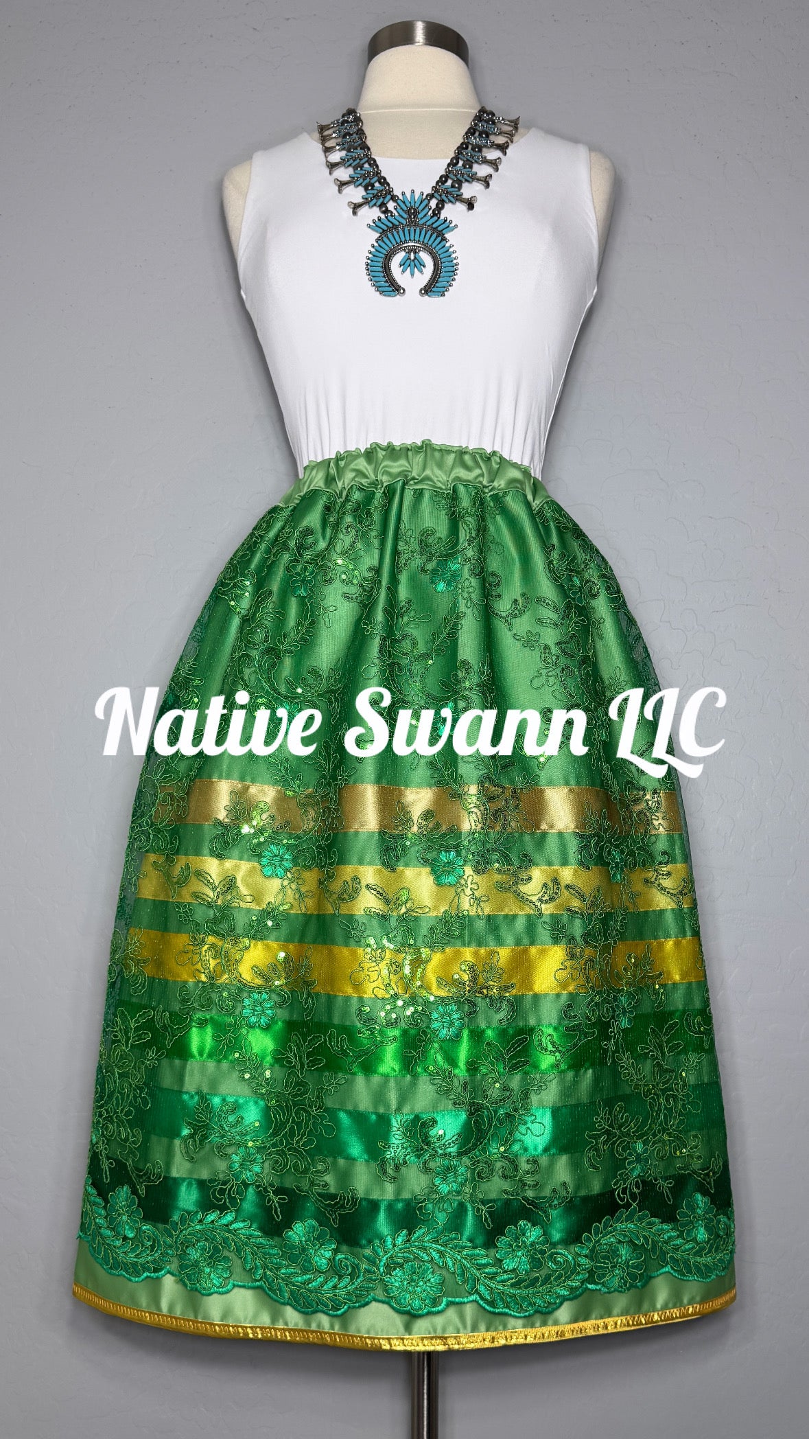 Green Floral Overlay Satin Ribbon Skirt