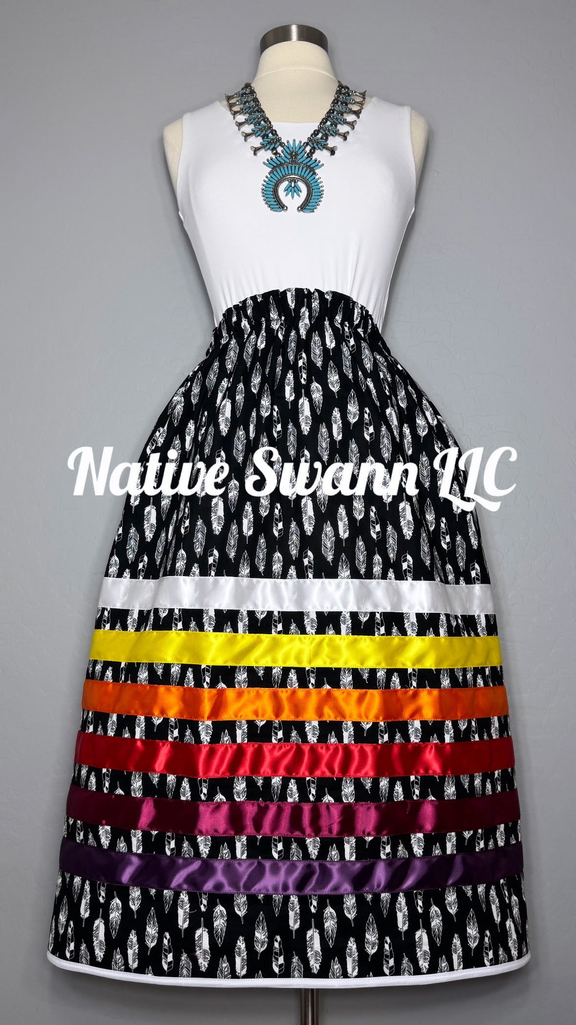 Black Feather Cotton Ribbon Skirt w/ Pockets