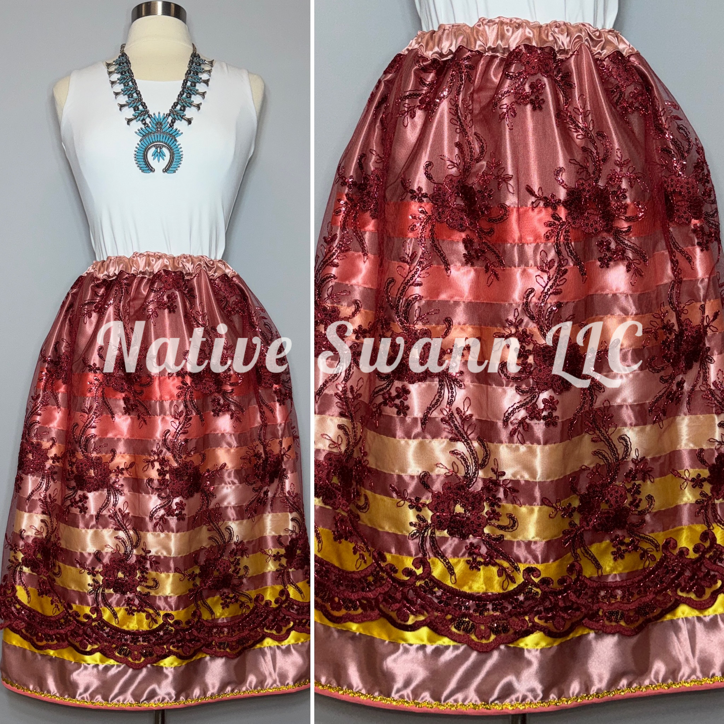 Burgundy-Mauve Floral Overlay Satin Ribbon Skirt