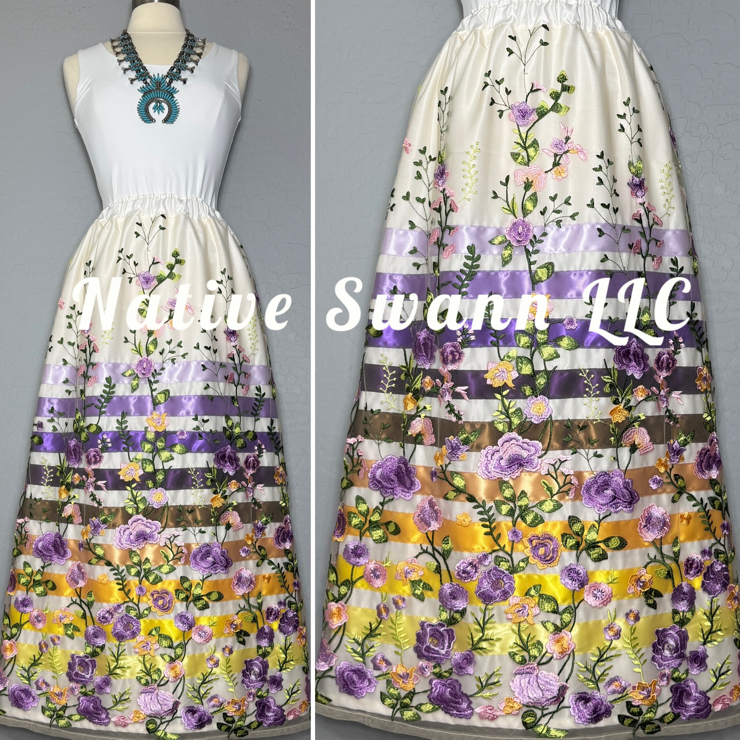 Lavender Emb. Floral Long Overlay Satin Ribbon Skirt