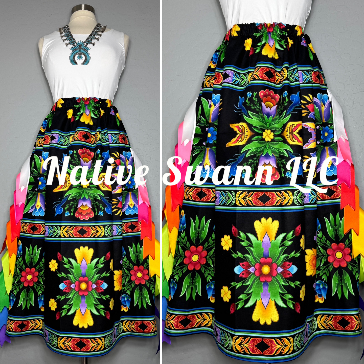 Black Regalia Floral Cotton Ribbon Skirt w/ Pockets
