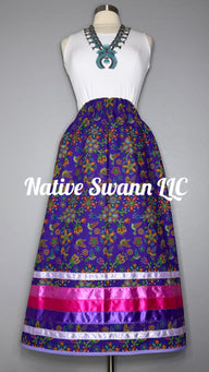 Purple Beaded Print Hummingbird Cotton Ribbon Skirt w/ Pockets
