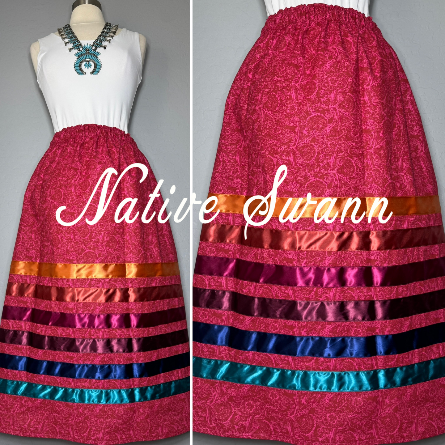 Red-Fall Floral Cotton Ribbon Skirt