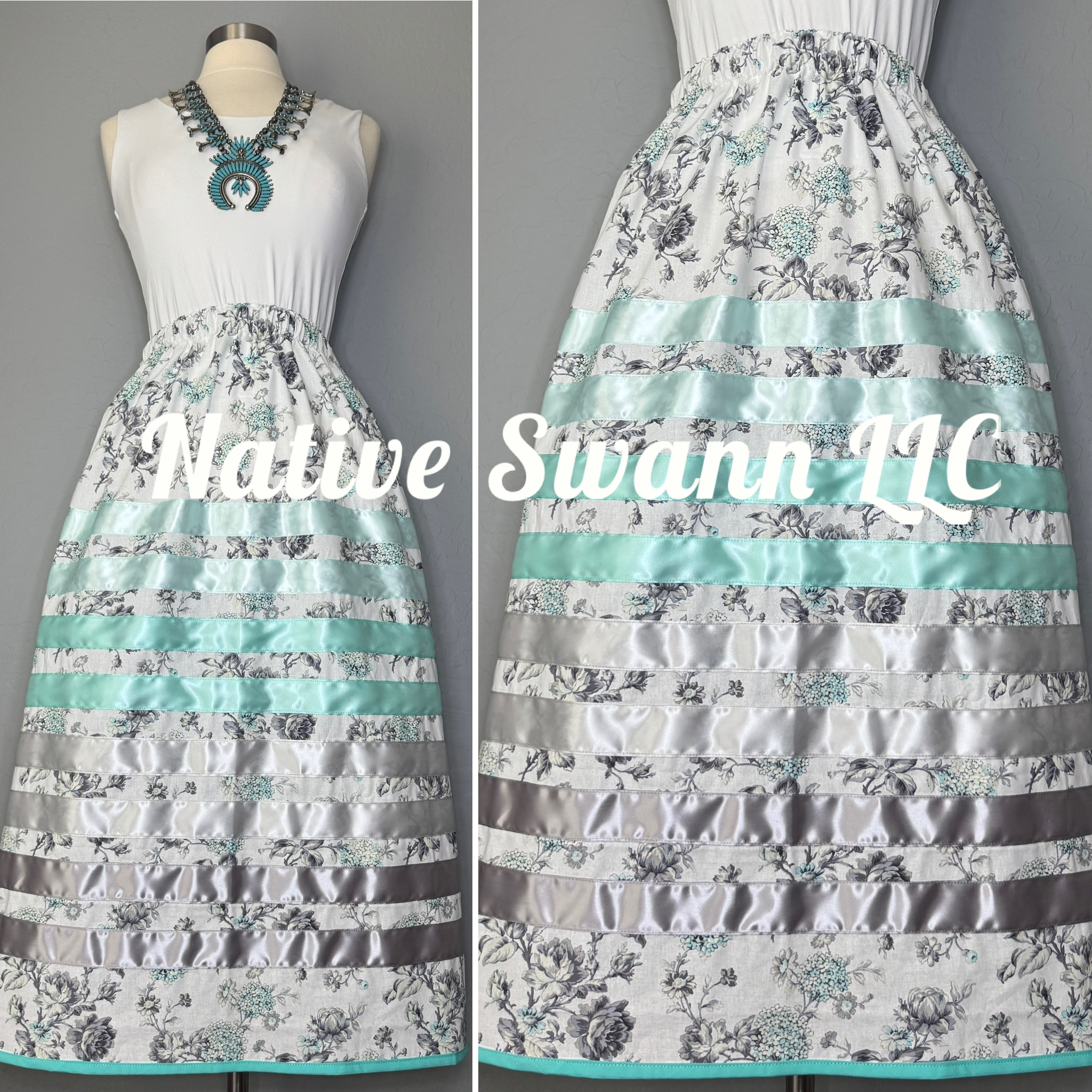 Mint Floral Cotton Ribbon Skirt w/ Pockets