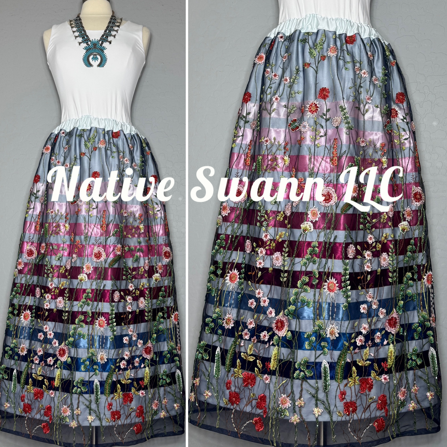 Navy Lt. Blue Beaded Embroidered Floral Long Overlay Satin Ribbon Skirt