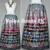 Navy Lt. Blue Beaded Embroidered Floral Long Overlay Satin Ribbon Skirt