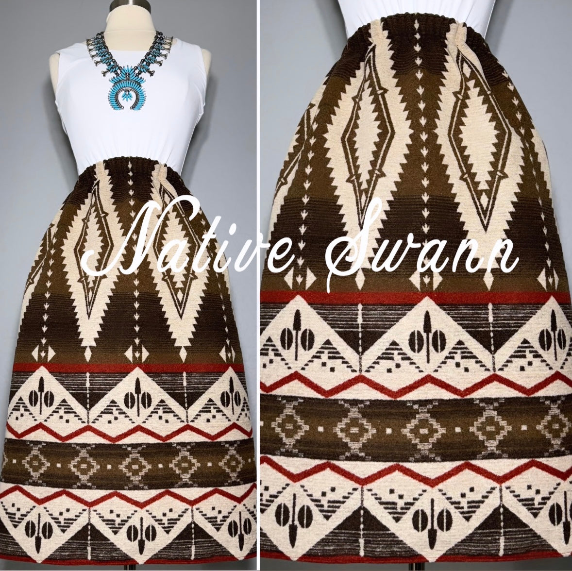 Brown-Ivory-Red Native Design Wool Skirt