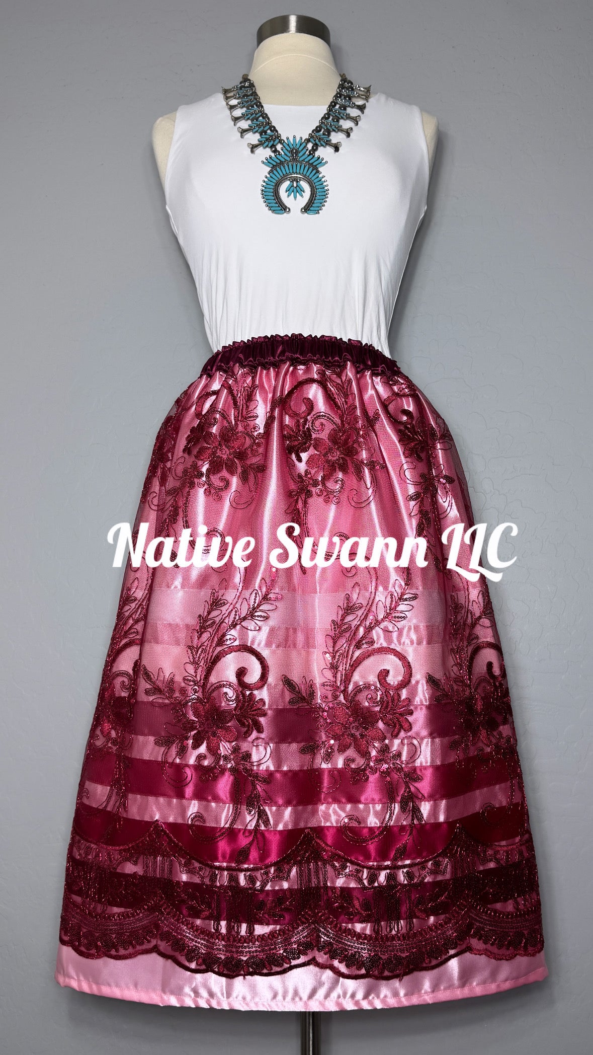 Burgundy + Pink Floral Overlay Satin Ribbon Skirt