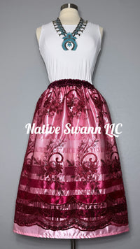 Burgundy + Pink Floral Overlay Satin Ribbon Skirt