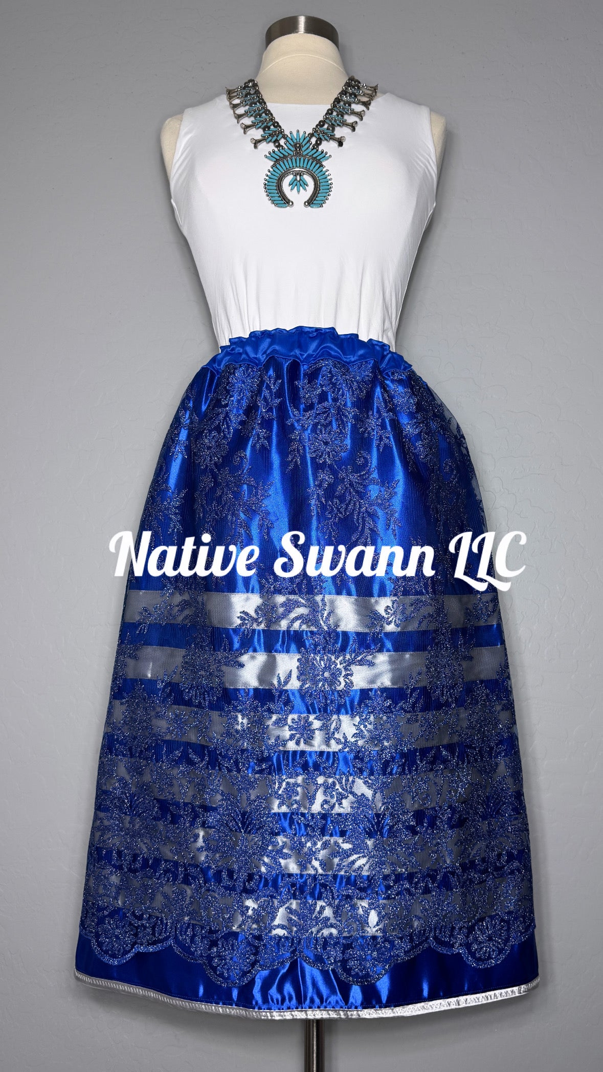 Royal Blue Floral Overlay Satin Ribbon Skirt