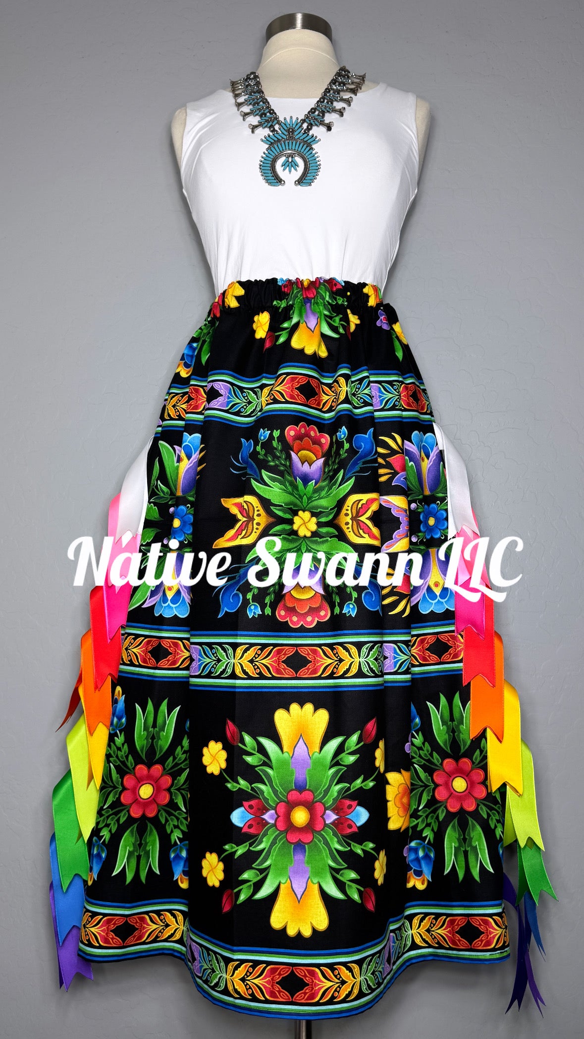 Black Regalia Floral Cotton Ribbon Skirt w/ Pockets