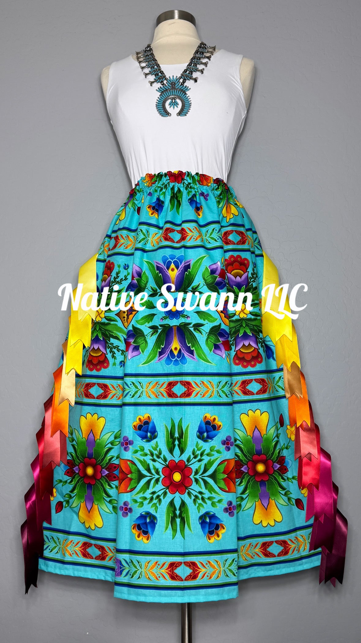 Turquoise Regalia Floral Cotton Ribbon Skirt w/ Pockets
