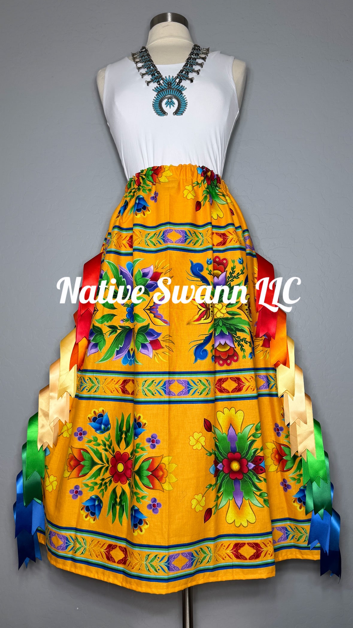 Orange Regalia Floral Cotton Ribbon Skirt w/ Pockets