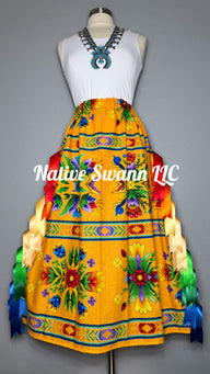 Orange Regalia Floral Cotton Ribbon Skirt w/ Pockets