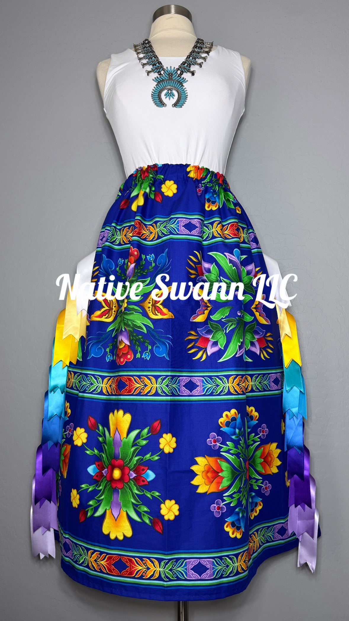 Royal Blue Regalia Floral Cotton Ribbon Skirt w/ Pockets