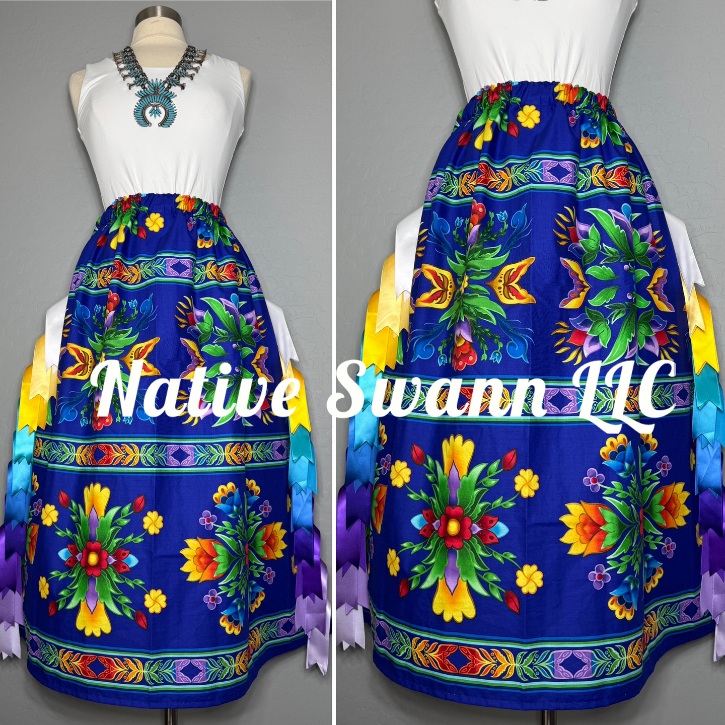 Royal Blue Regalia Floral Cotton Ribbon Skirt w/ Pockets