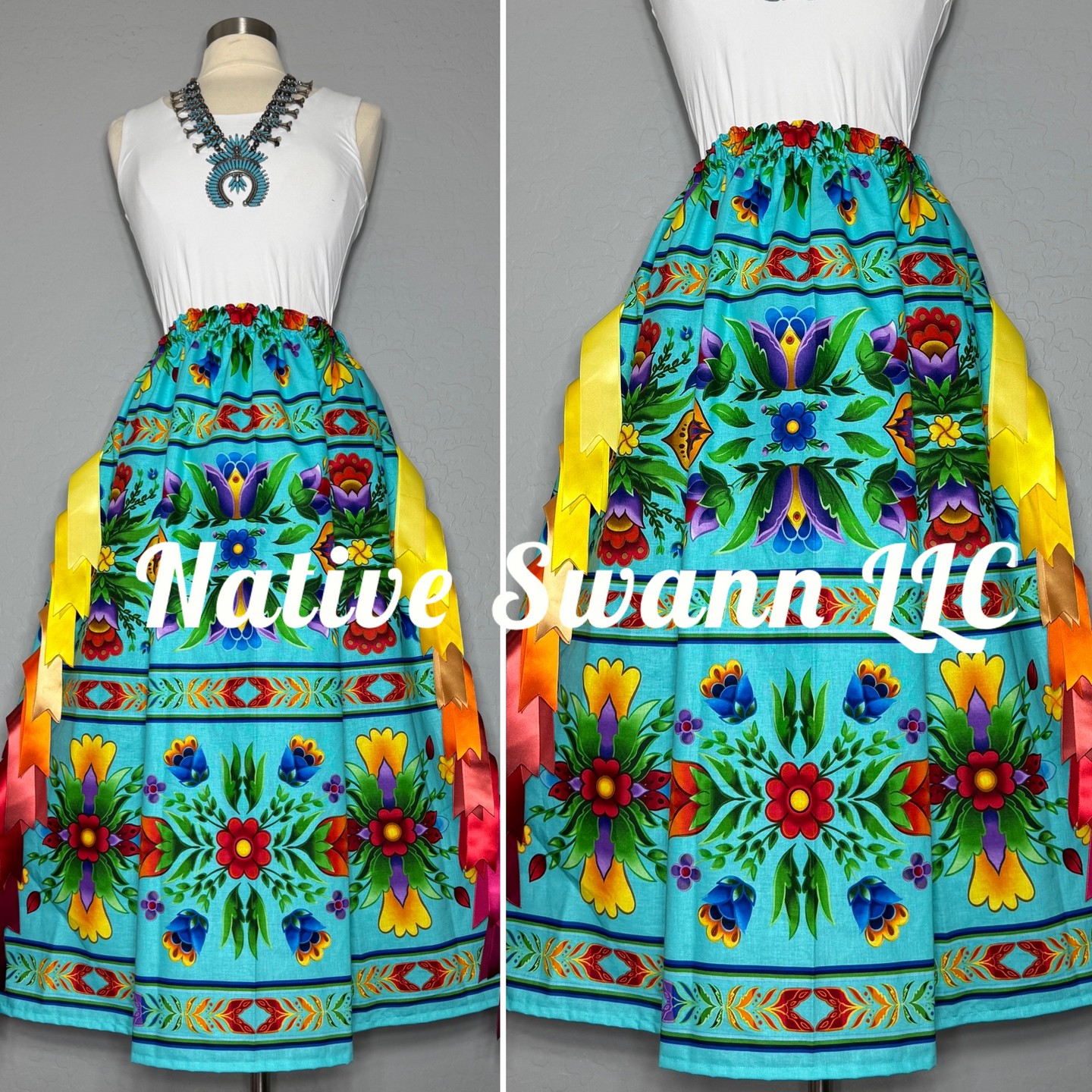 Turquoise Regalia Floral Cotton Ribbon Skirt w/ Pockets