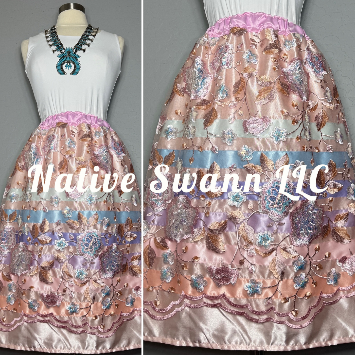 Pink Emb. Floral Sequins Overlay Satin Ribbon Skirt