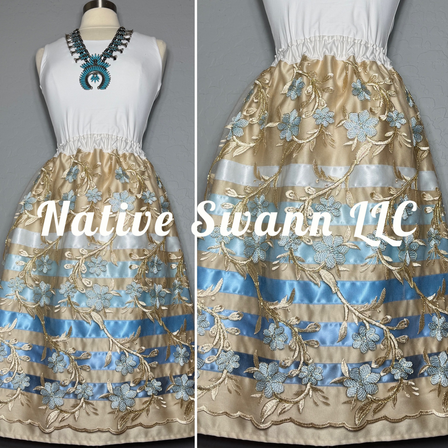 Beige Emb. Floral Overlay Satin Ribbon Skirt