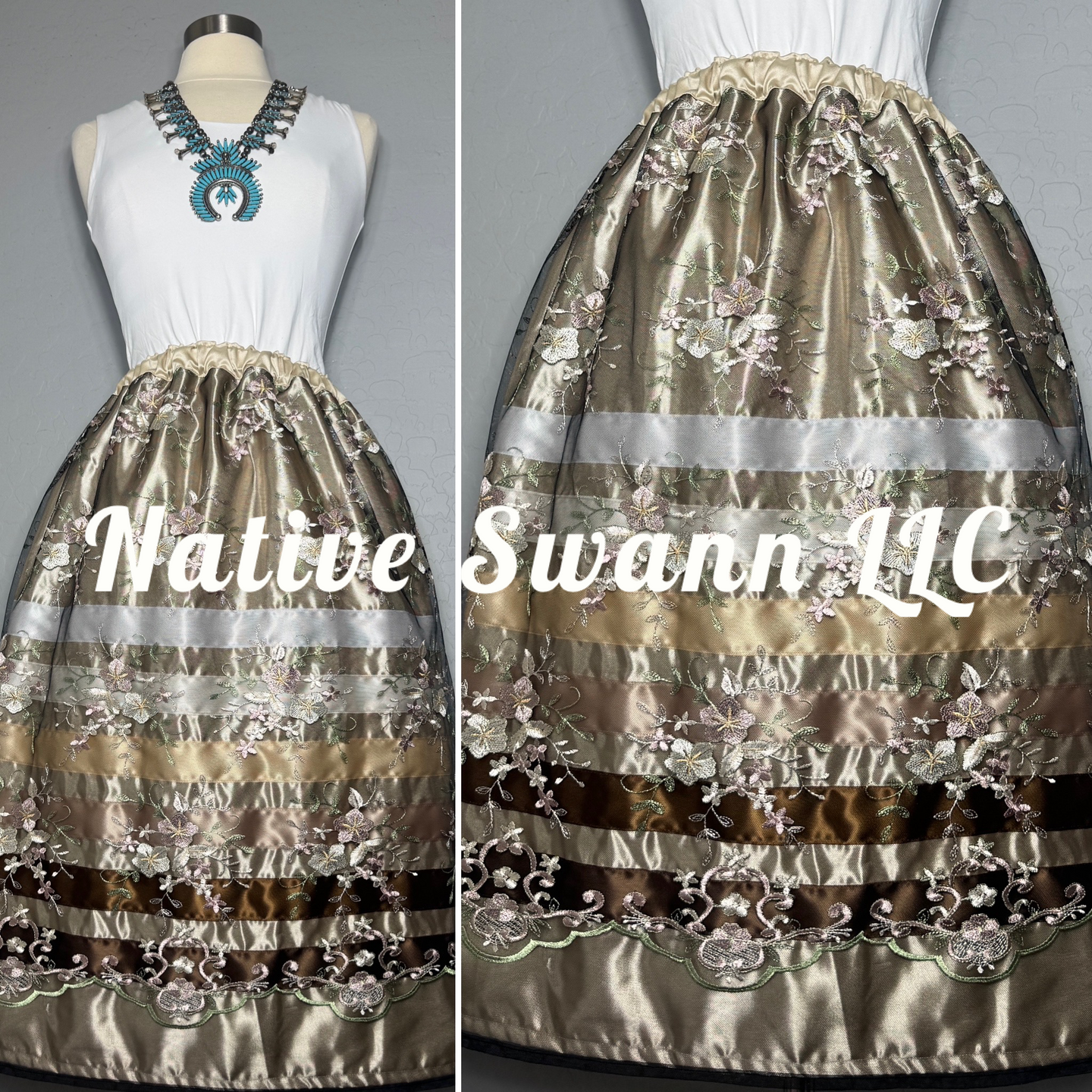Beige Floral Overlay Satin Ribbon Skirt