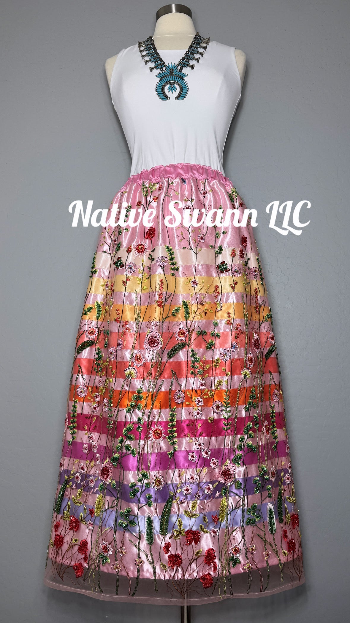 Pretty Pink Beaded+Embroidered Floral Long Overlay Satin Ribbon Skirt