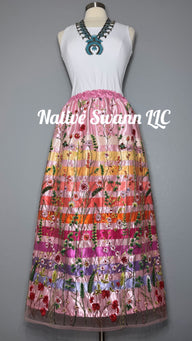 Pretty Pink Beaded+Embroidered Floral Long Overlay Satin Ribbon Skirt