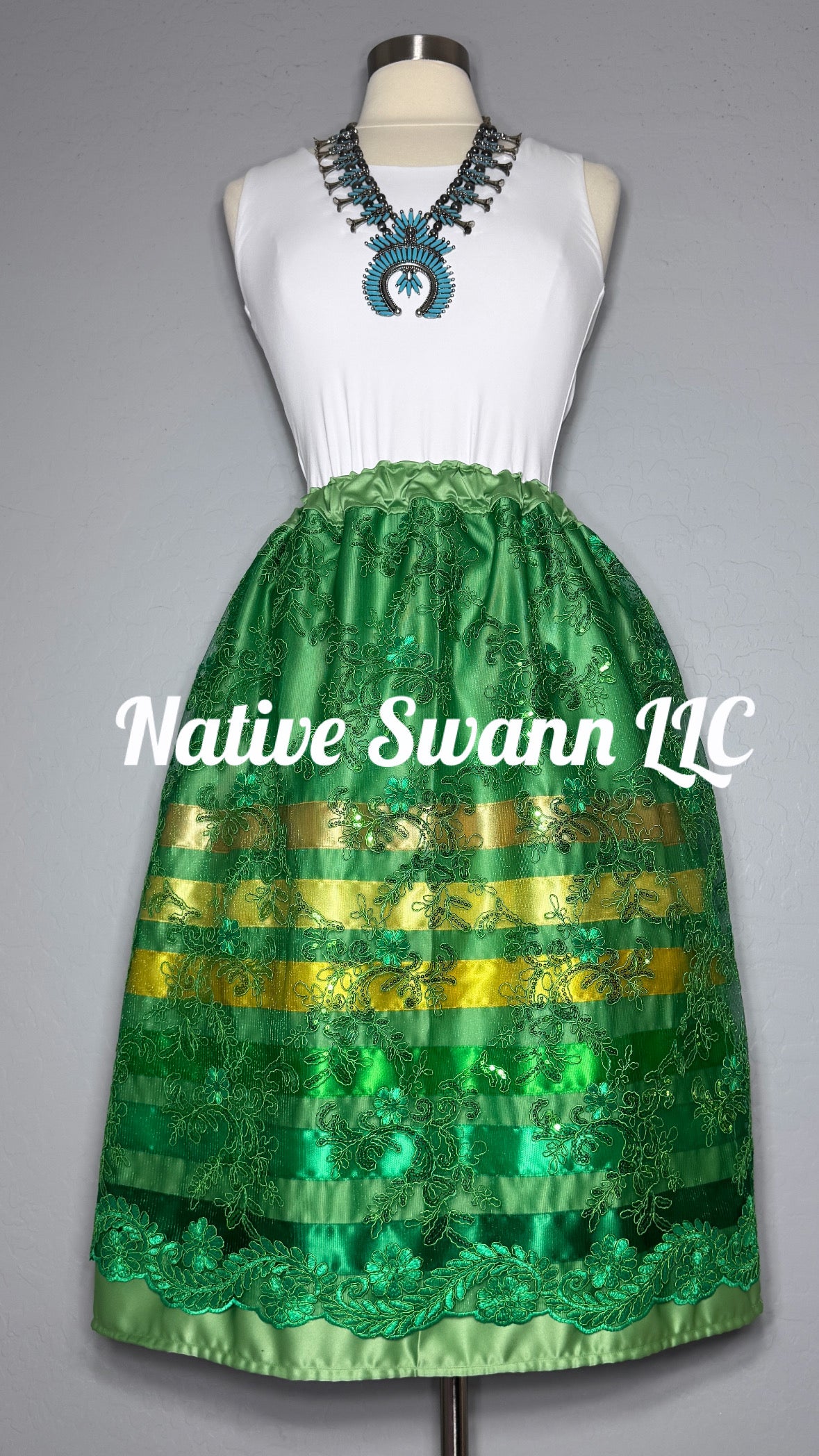Green Floral Overlay Satin Ribbon Skirt