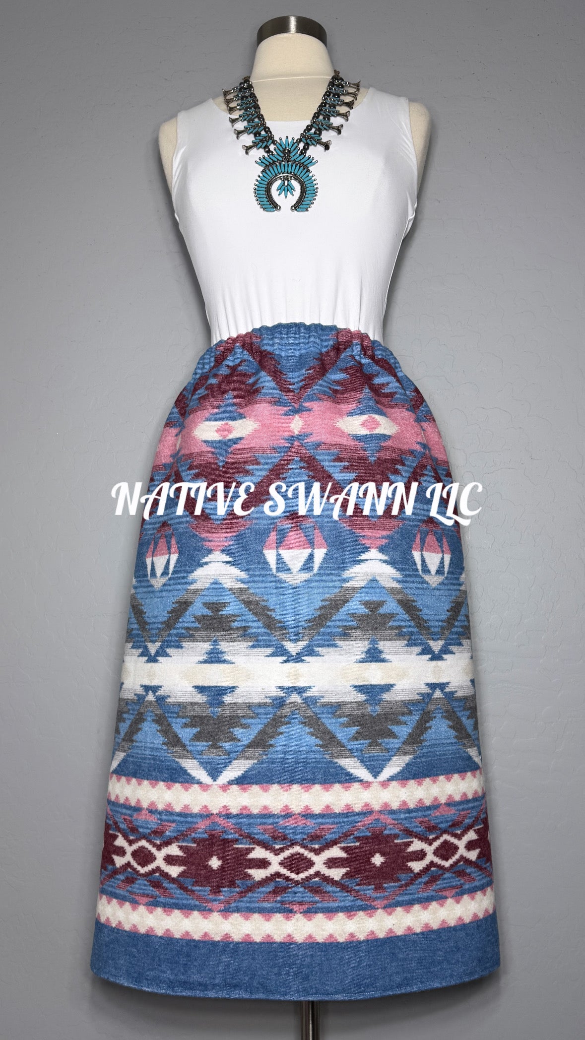 Blue-Red Native Design Wool Skirt