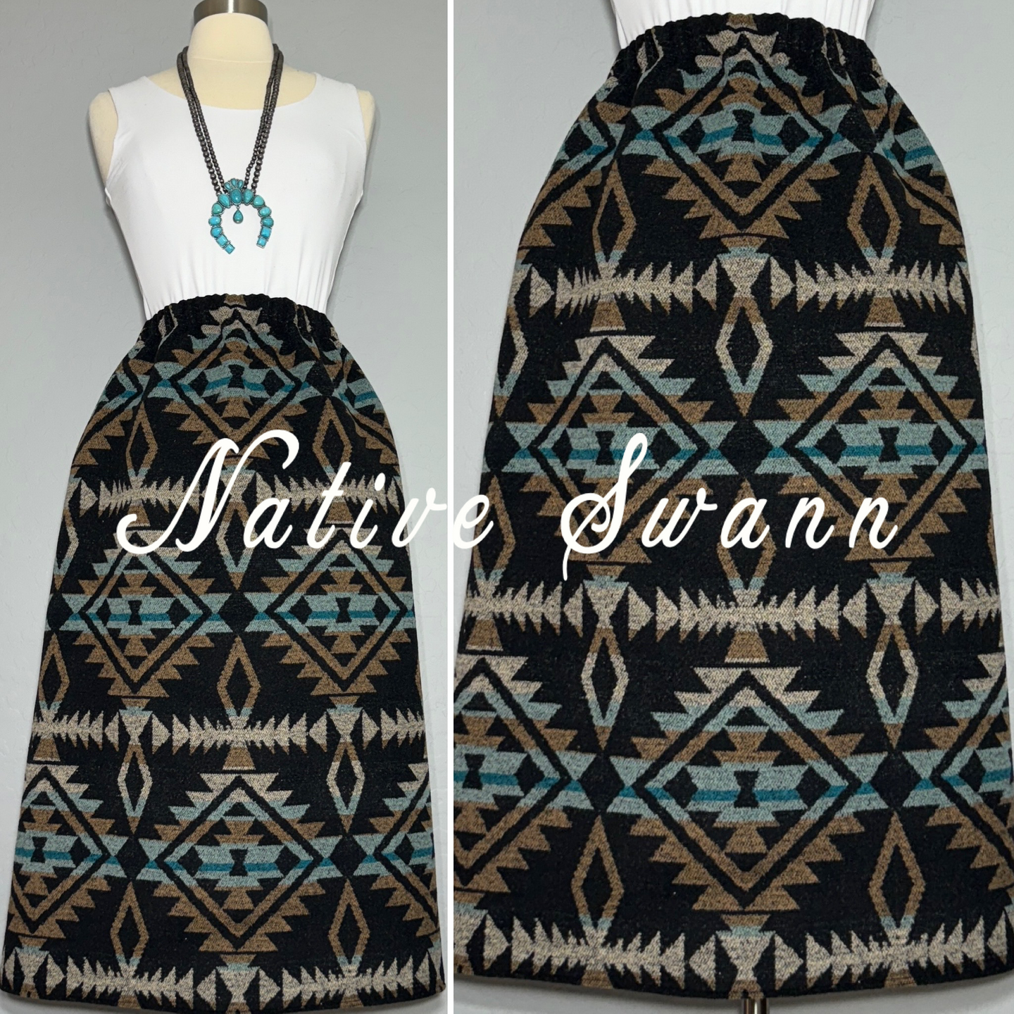 Black-Lt. Turquoise Native Wool Skirt