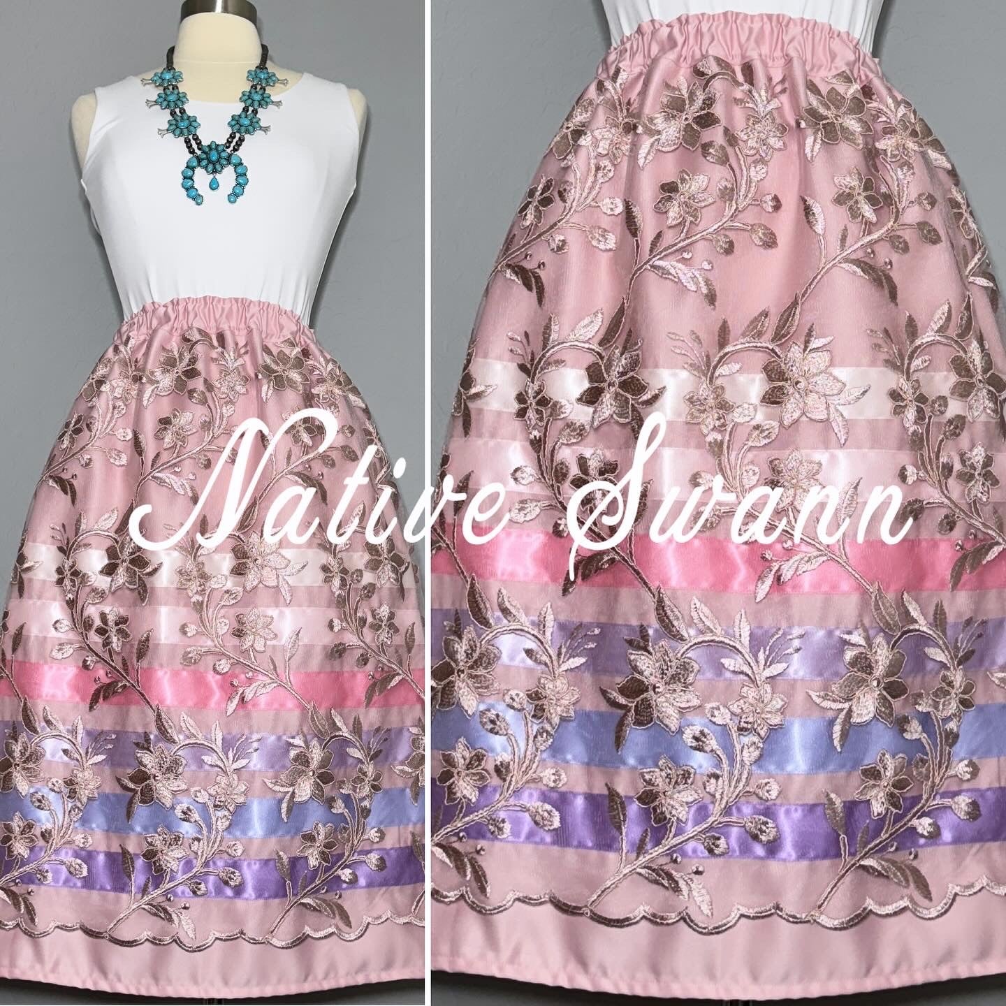 Mauve Pink Floral Overlay Satin Ribbon Skirt
