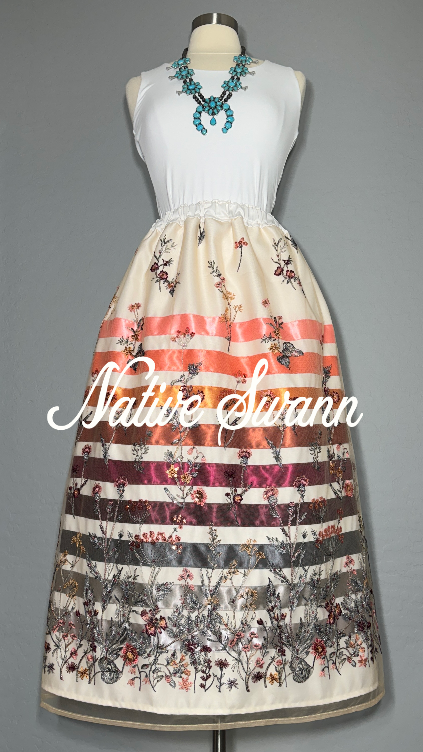 Floral Sequins Long Overlay Satin Ribbon Skirt