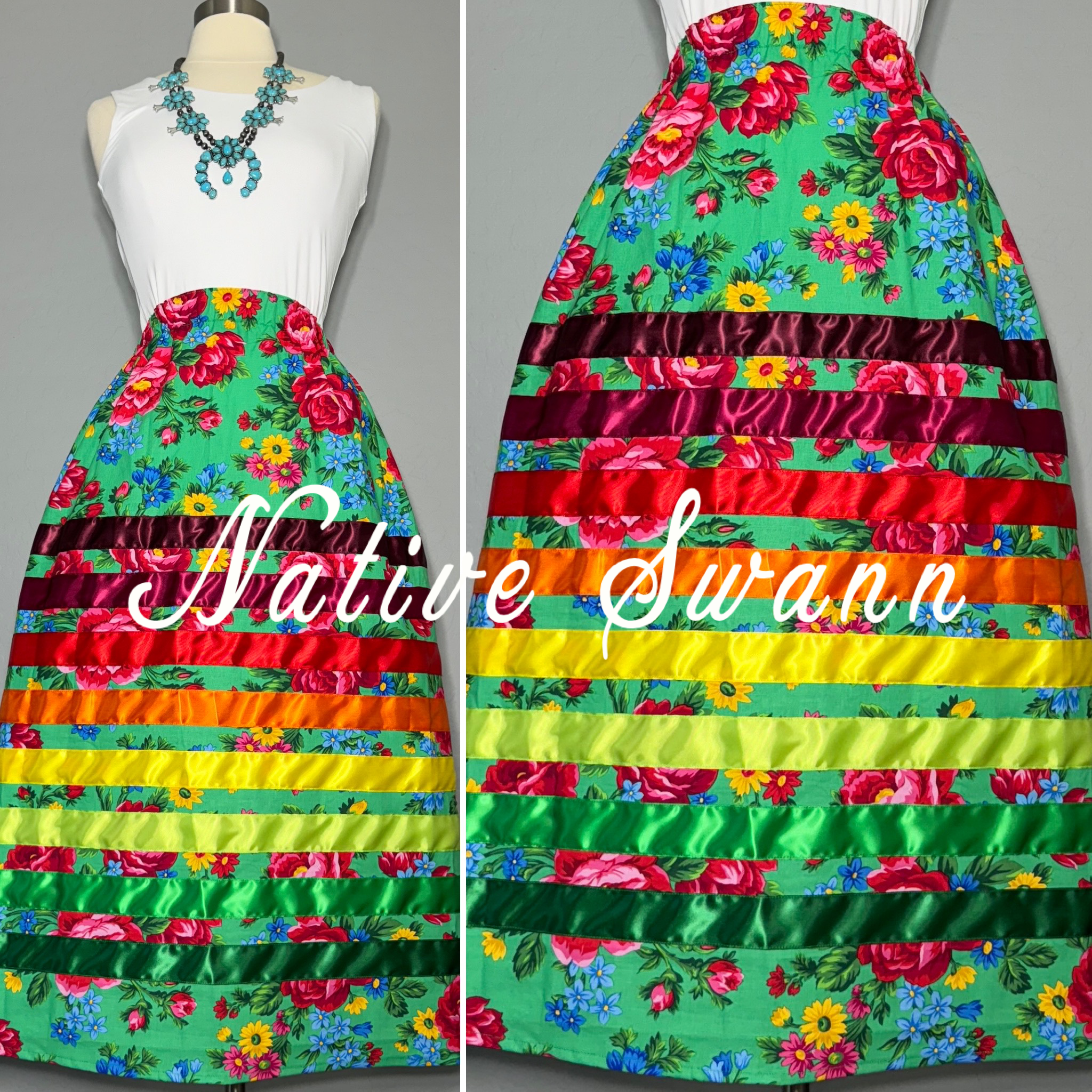 Green Kokum Floral Cotton Ribbon Skirt