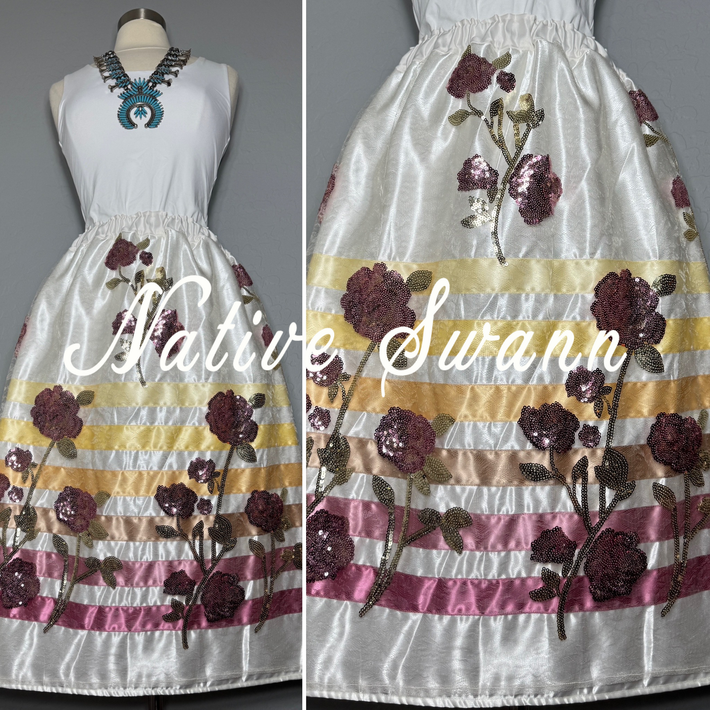 Pink Sequins Roses Overlay Satin Ribbon Skirts