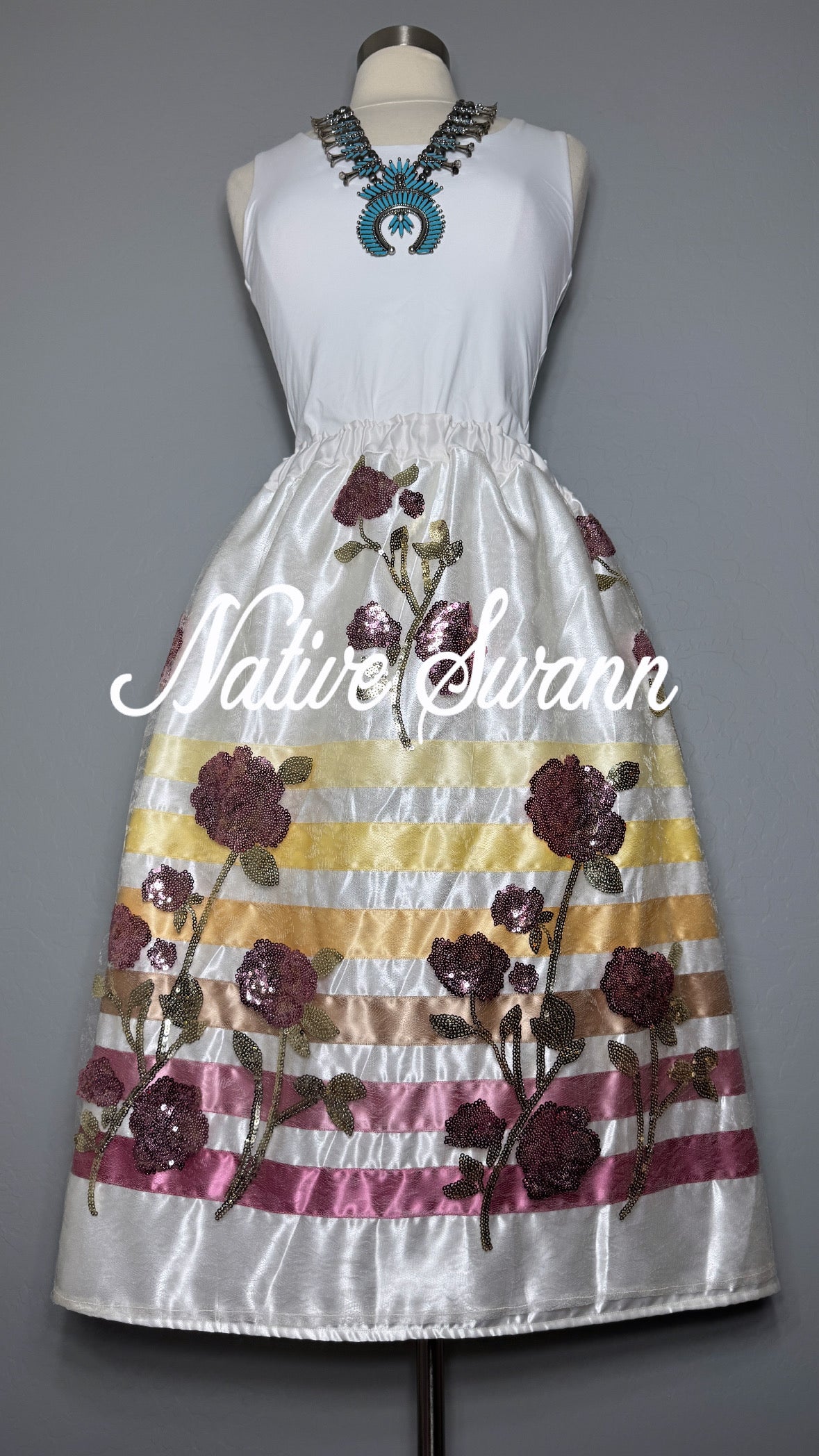 Pink Sequins Roses Overlay Satin Ribbon Skirts